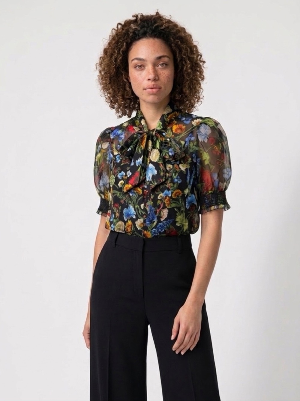 Alice + Olivia Black Sheer Floral Tie-Neck Puff Sleeve Silk Blouse